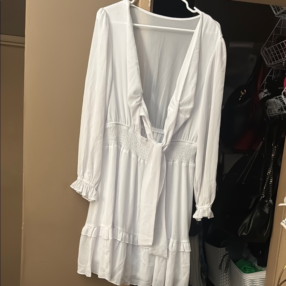 White Long Sleeve Dress with Ruffle Details